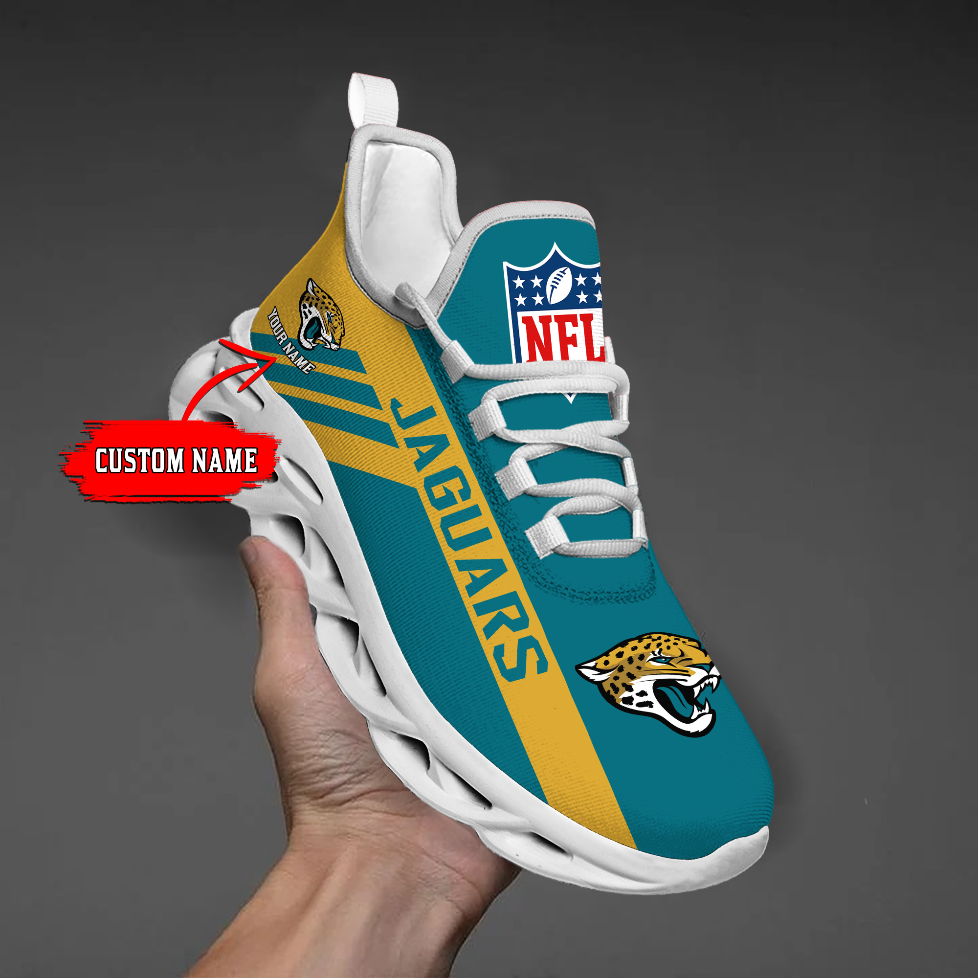 1 Custom Name   Jacksonville Jaguars    PERSONALIZED MAX SOUL SHOES  T3