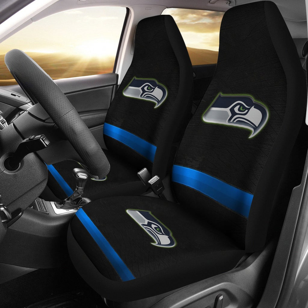  Team Car Seat Covers - Metal Seattle Seahawks Head Blue Line Seat Covers