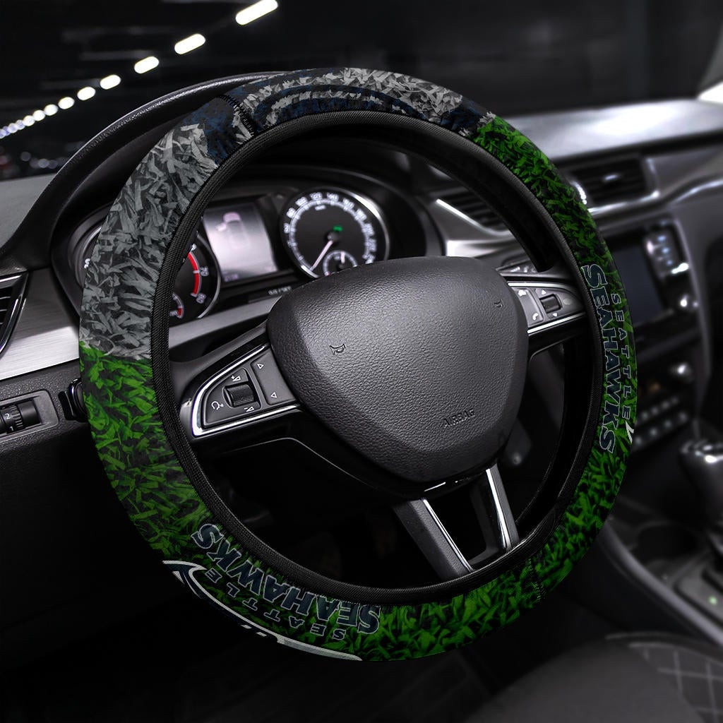  Team Steering Wheel Cover - Seattle Seahawks Head On Football Grass Field Steering Wheel Cover